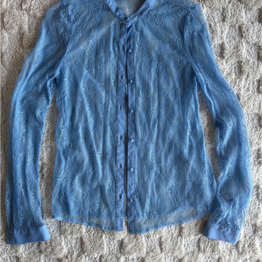 Sheer Blue Lace Button-Up Blouse